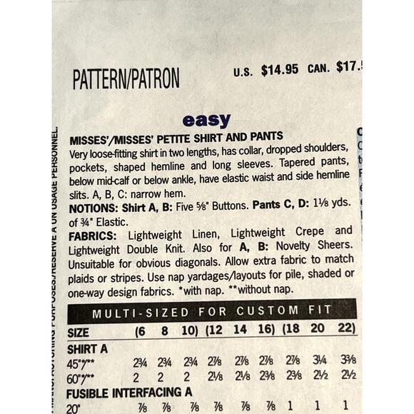 Butterick pattern 3759 top pants size 12 14 - Picture 4 of 9